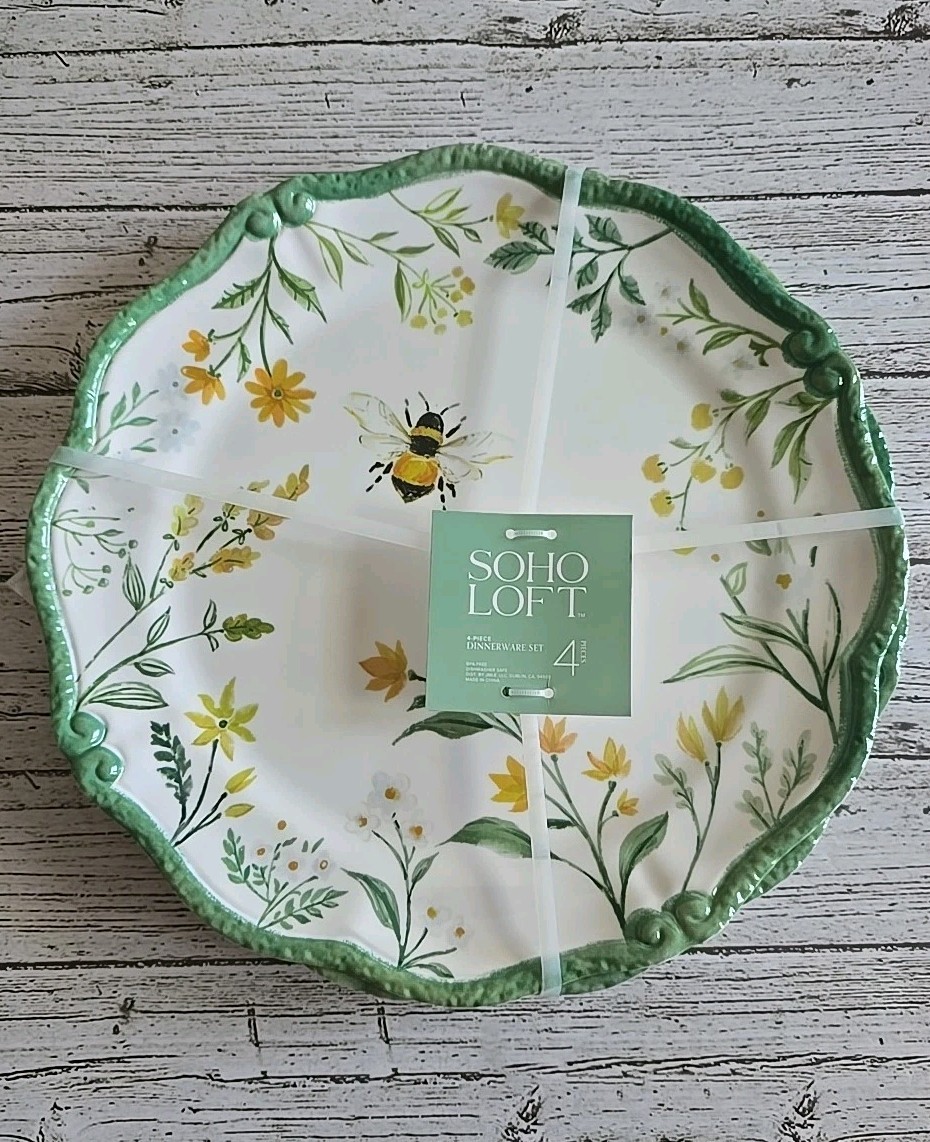 ~BUMBLE BEE & FLOWERS 11 In Melamine Plates Set/4 By Soho Loft Yellow Green gallery