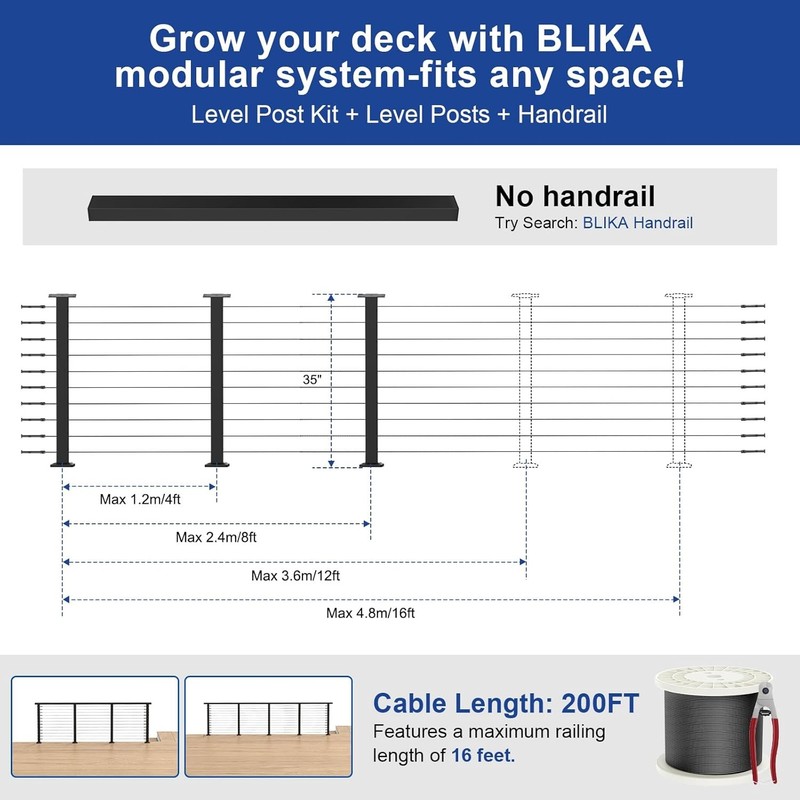 8-16FT Cable Railing Kit 36" Black Level Posts Swageless System 200FT 1/8" Stain gallery