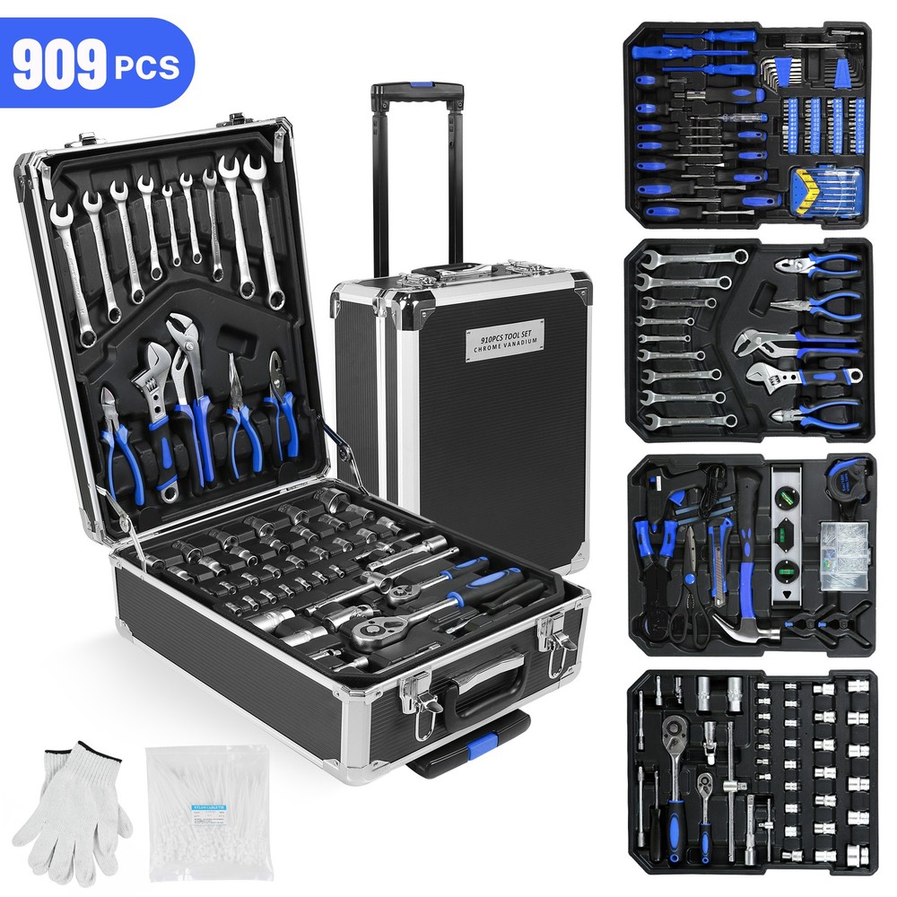 Tool Set Mechanics Tool Kit 909 PCS Wrenches Socket with Trolley Case Box Silver