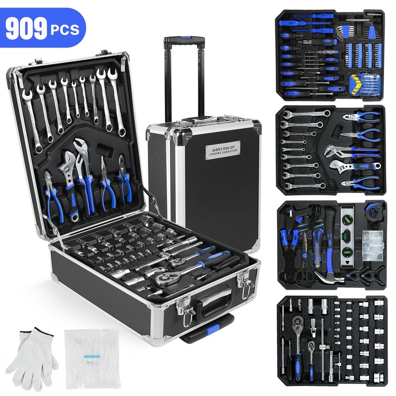 Tool Set Mechanics Tool Kit 910 PCS Wrenches Socket with Trolley Case Box Silver gallery