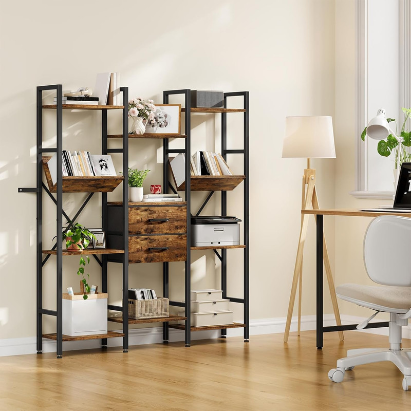 Rustic Brown & Black 3-Column Bookcase with Drawers and V-Shaped Shelves gallery