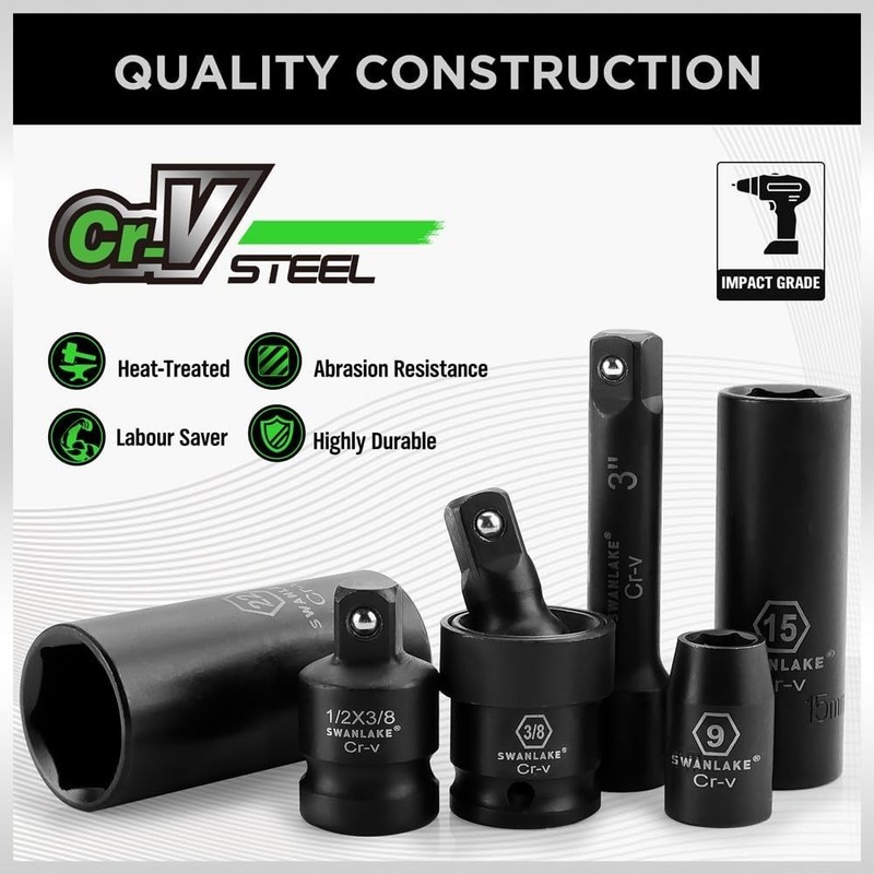 3/8'' Drive Impact Socket Set, 50-Piece Standard SAE (5/16 to 3/4 inch) and Metr gallery
