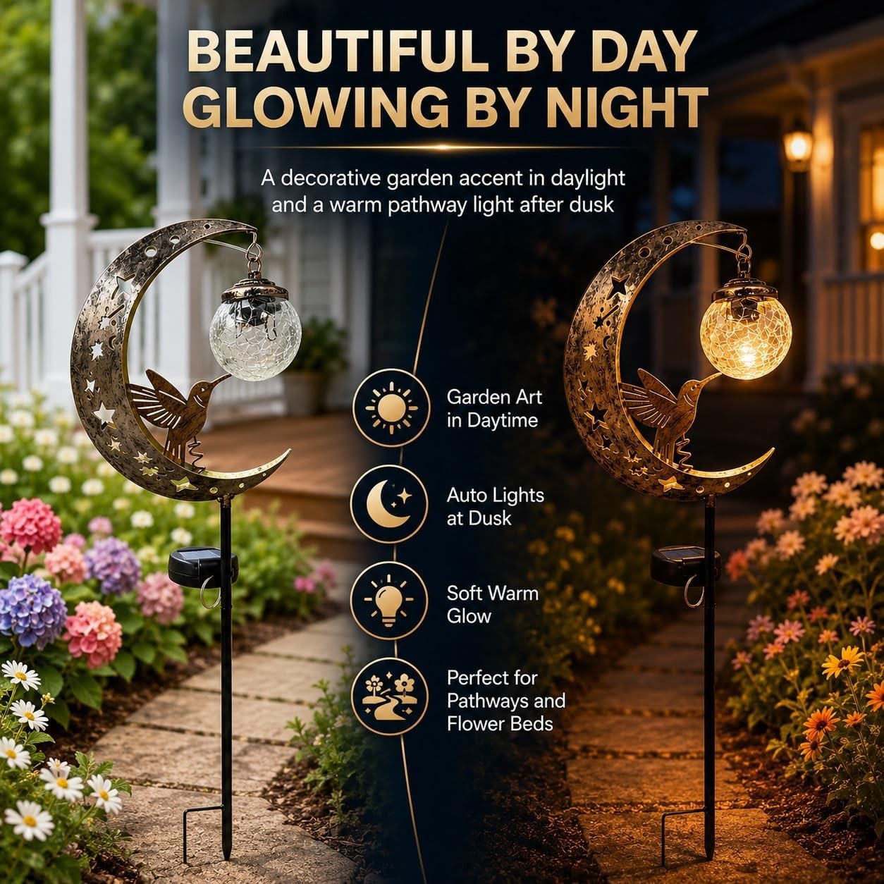 Hummingbird Moon Solar Stake Light Waterproof Crackle Glass Globe Pathway Decor gallery