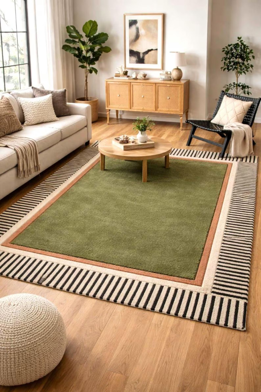 Olive Green Modern Area Rug 8x10 | Handcrafted Wool High Low Pile Carpet gallery