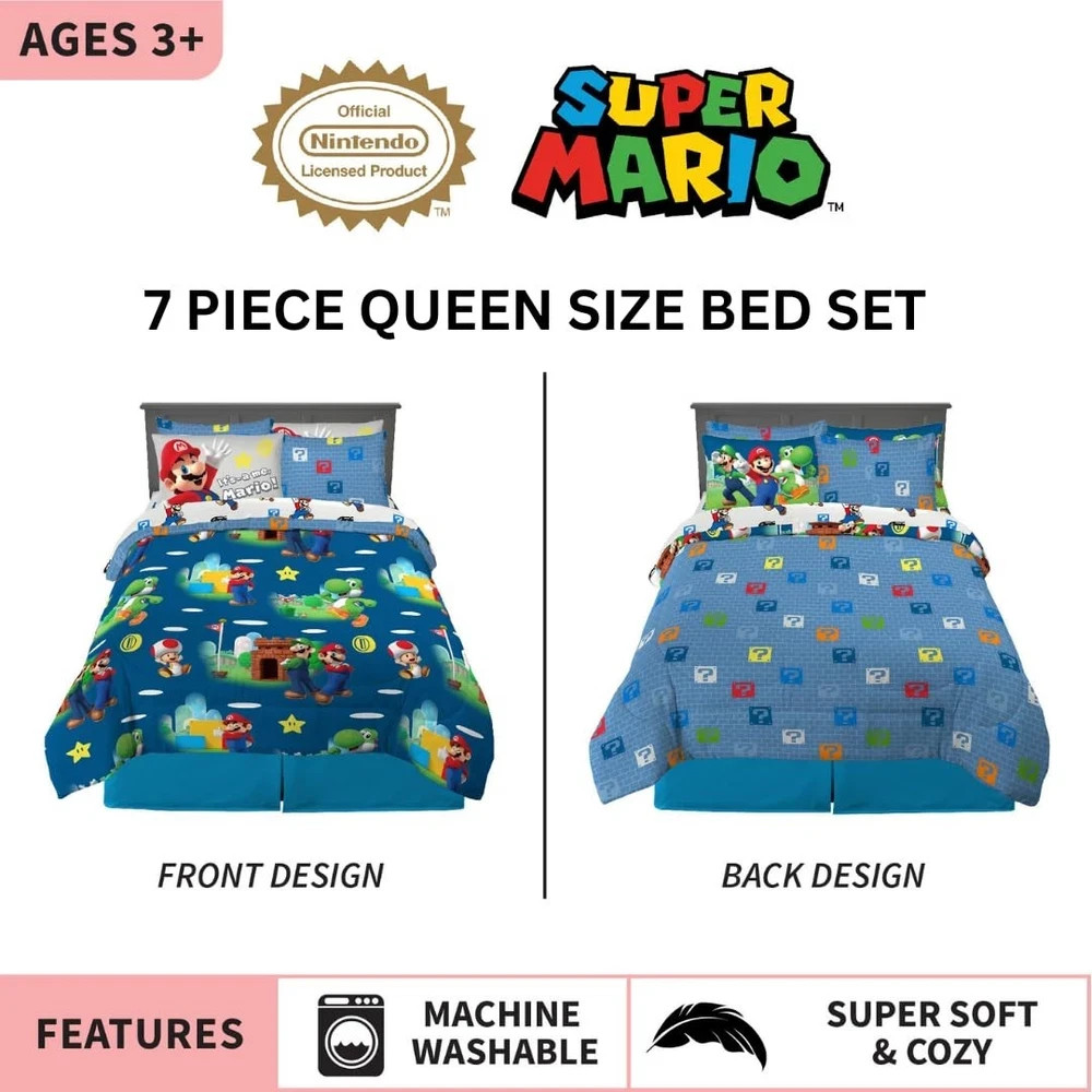 7 Piece Queen Size Super Mario Bros. Bedding Set Franco Kids Soft Comforter gallery