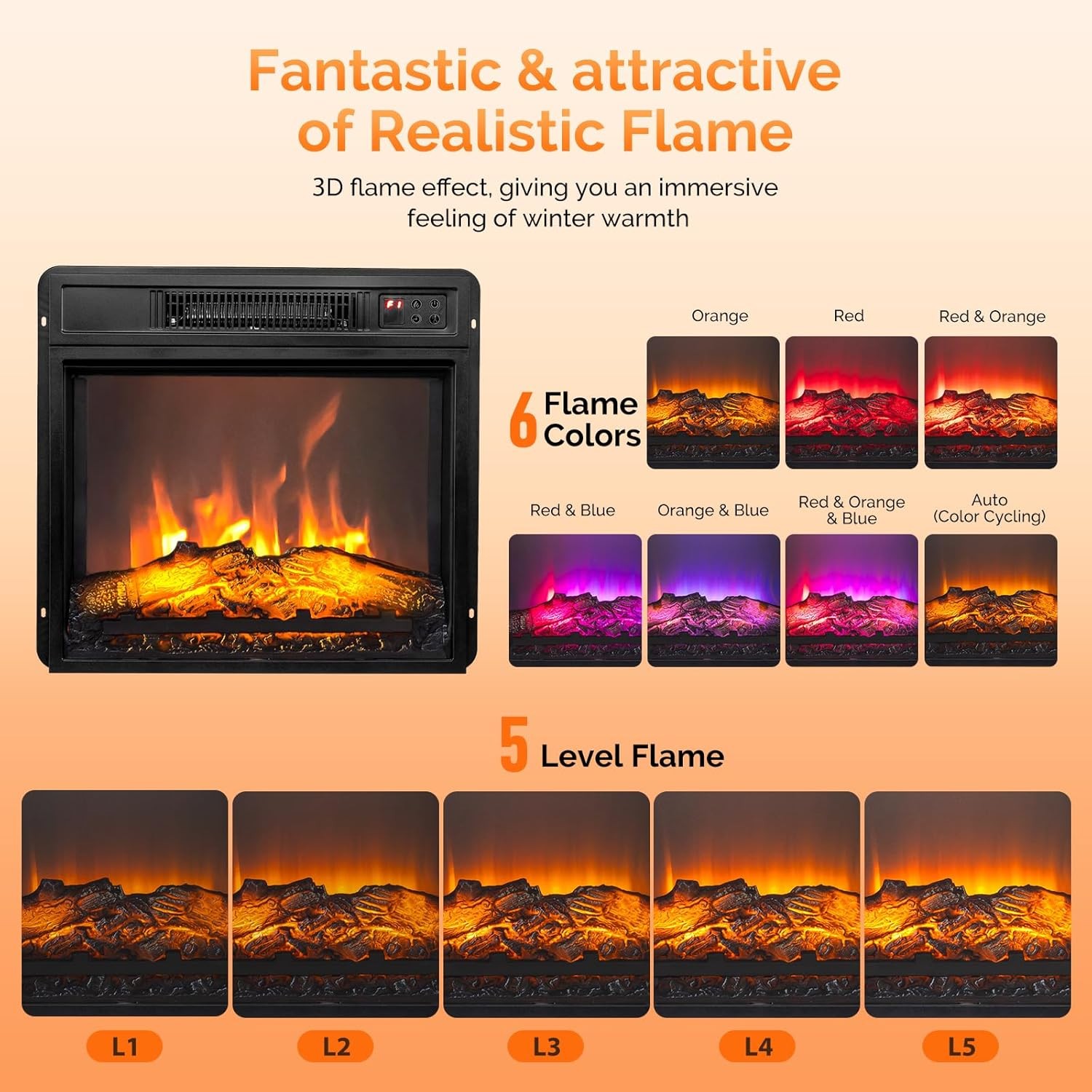 18" Embedded Electric Fireplace Insert Heater with 6 Colors Flame Effect, Remote gallery