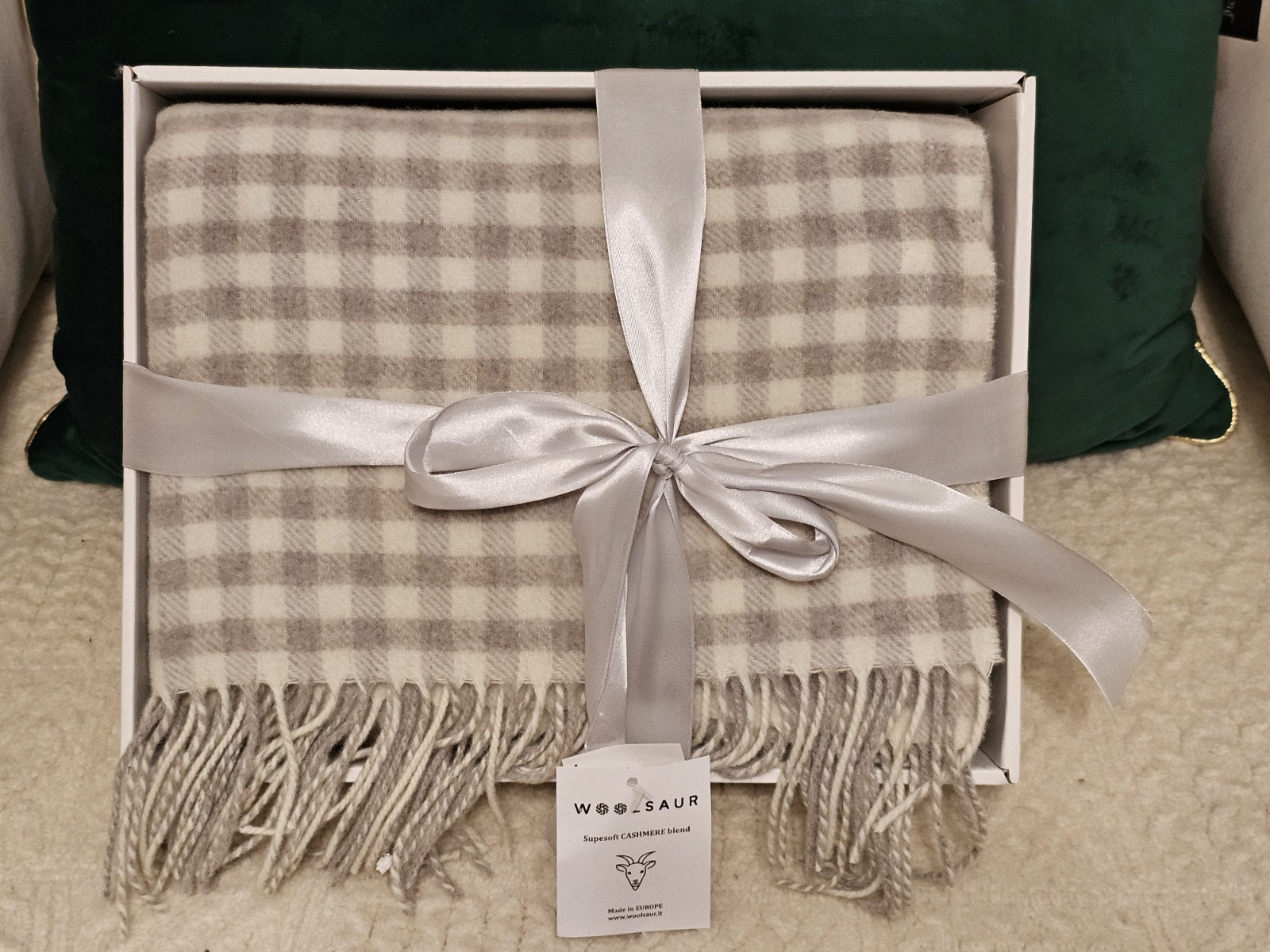 Woolsaur Merino Wool Blend Throw Blanket checkered gray Beige 56 x 70” new gallery