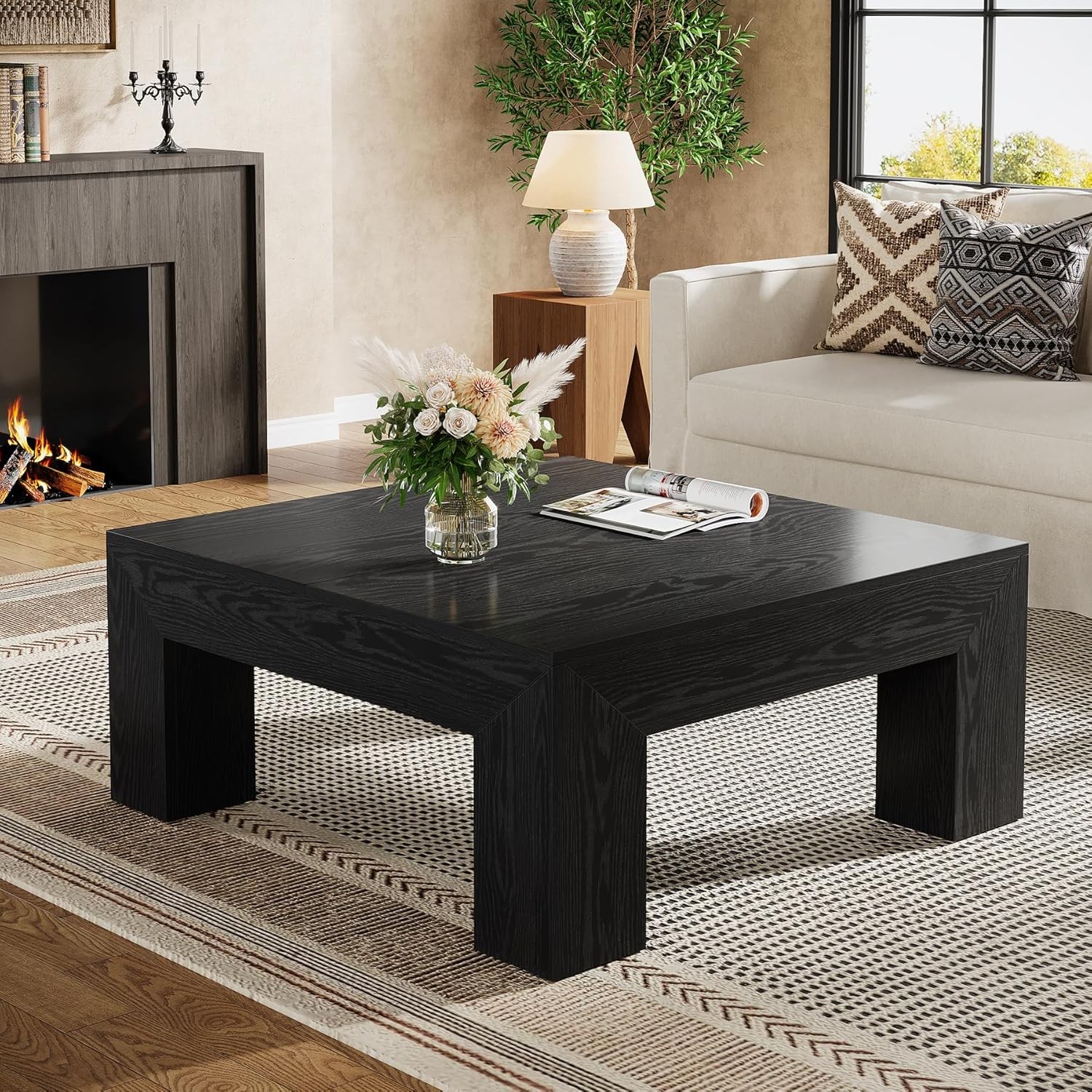 39.4-Inch Black Square Coffee Table Modern Center Cocktail Table for Living Room gallery