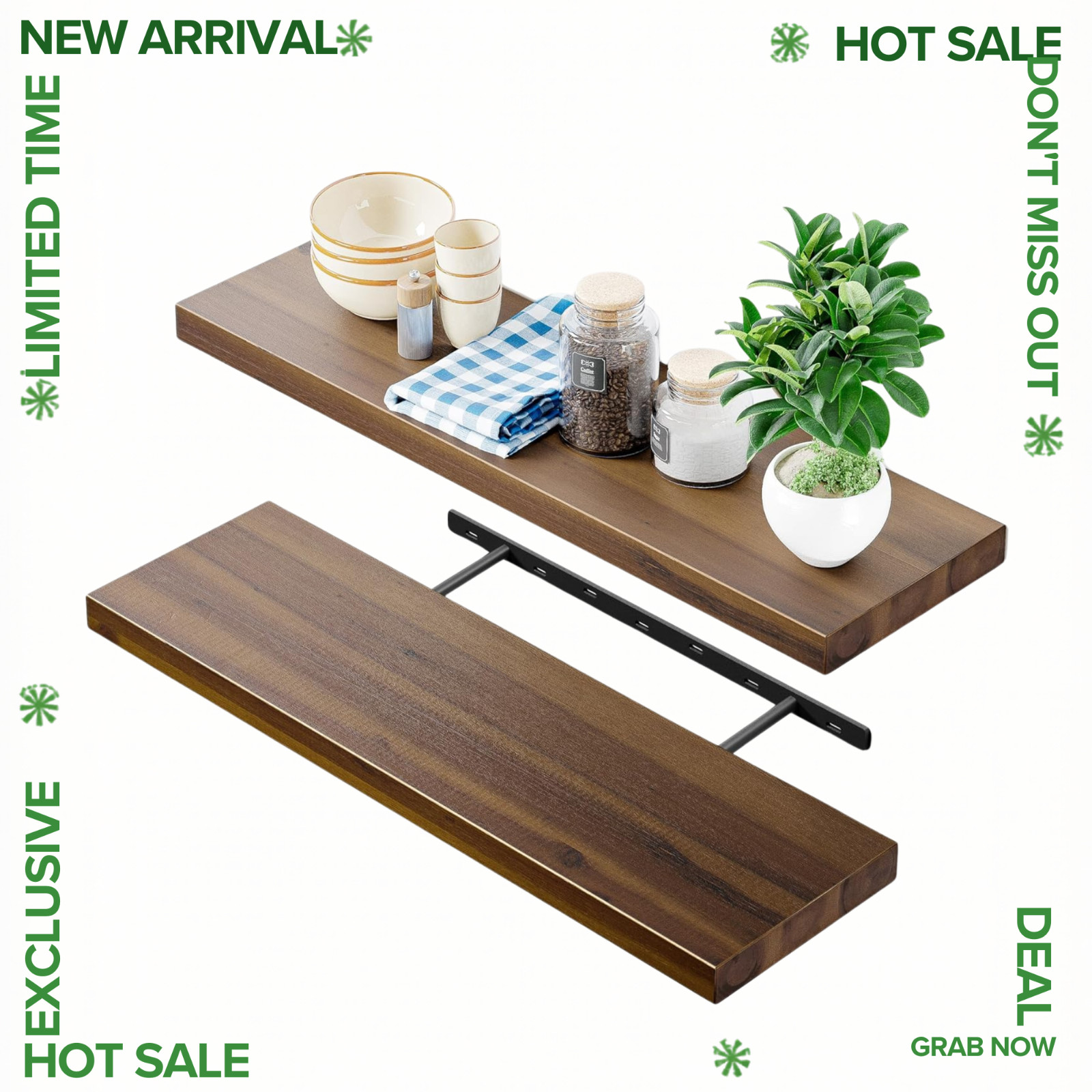 NEW 24 Inch Acacia Floating Wall Shelves Set of 2 Rustic Walnut Book Shelf gallery