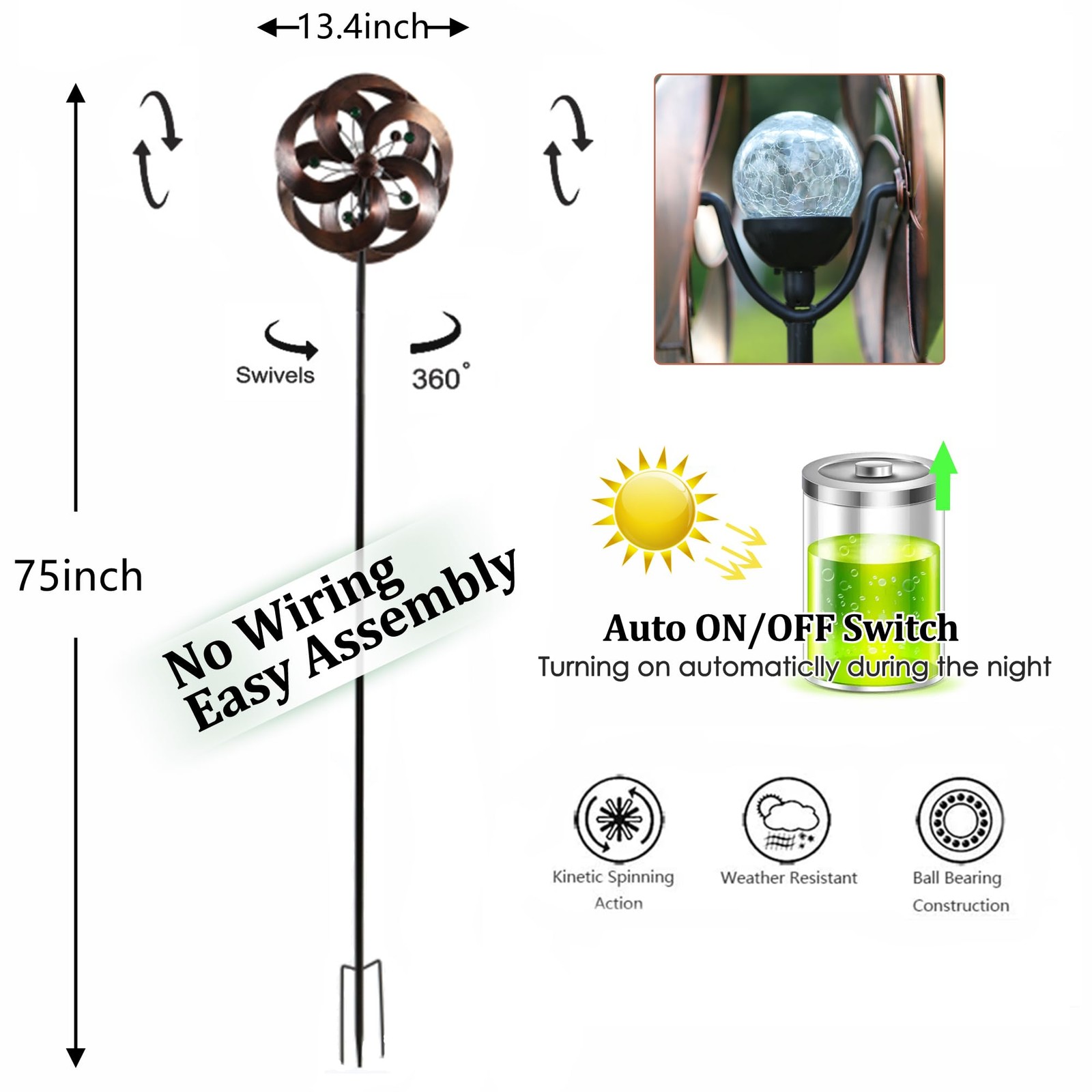 Solar Wind Spinner Improved 360 Degrees Swivel Multi-Color LED Lighting Glass... gallery