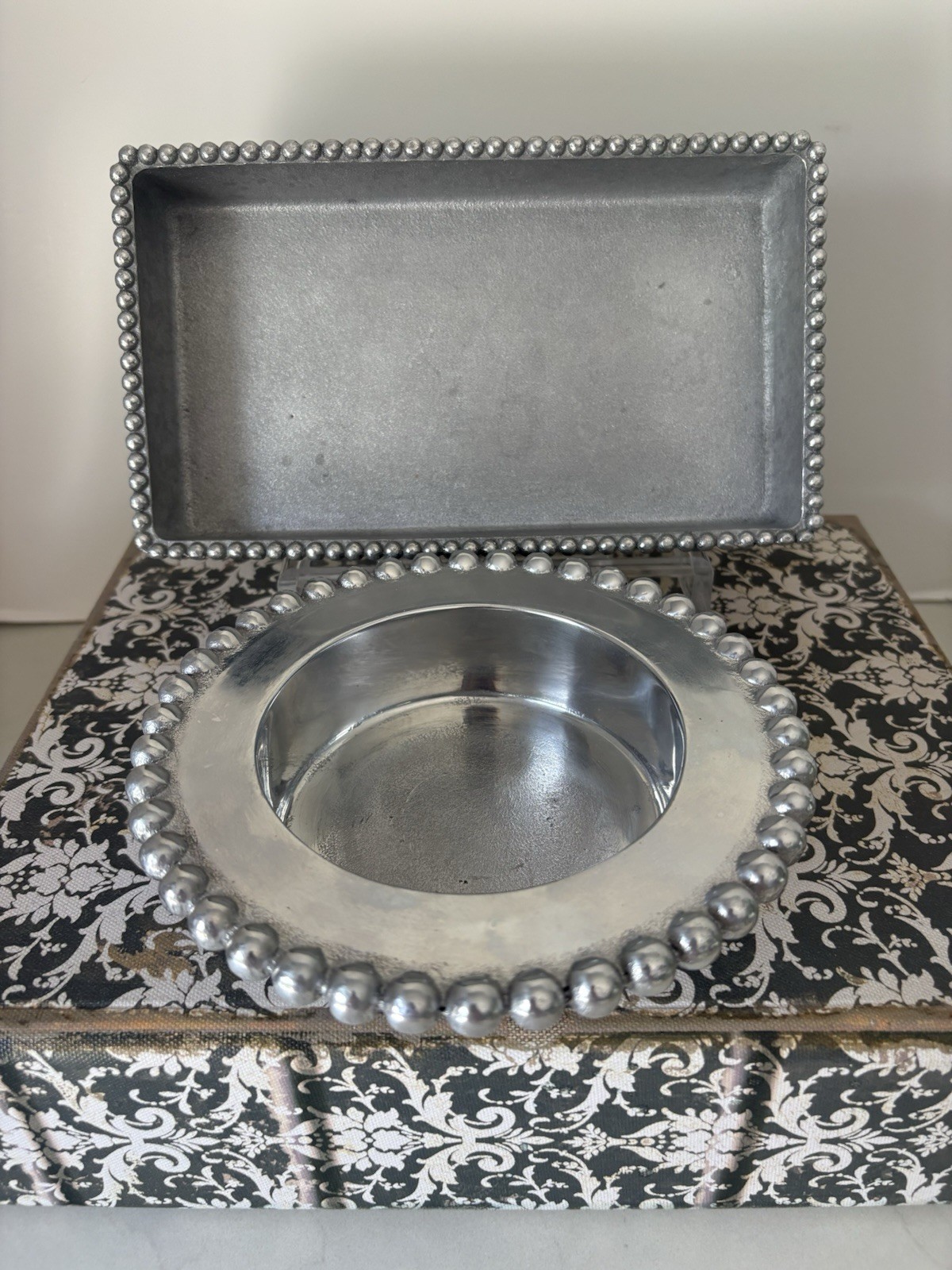 2 Pc. Mariposa Beaded Aluminum Napkin Holder Tray with Wine Bottle Holder 6.5" gallery