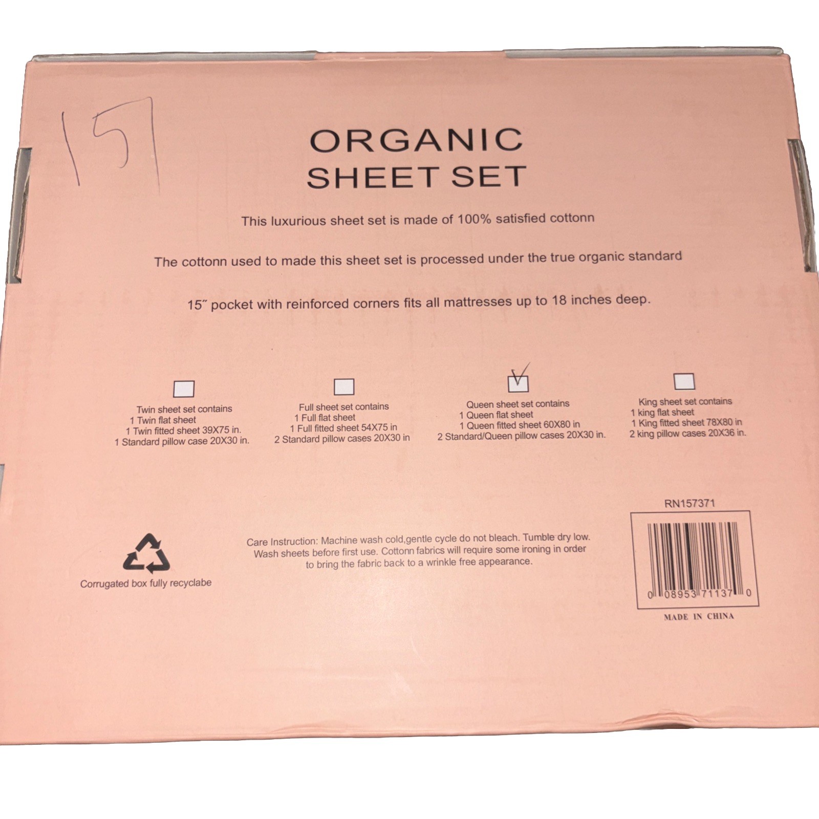 New Tree Organic- 2000 Organic Queen Sheet Set 15” Pockets Peach gallery
