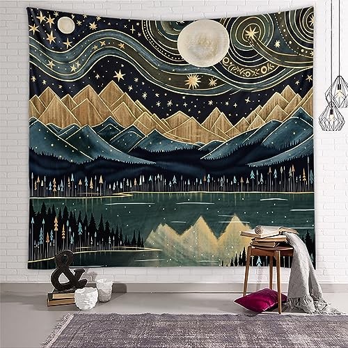 Mountain Forest Tapestry - Boho Landscape Moon Stars Wall 40"L x 30"W Black gallery