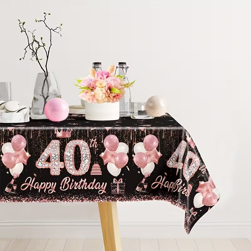 Disposable Black & Pink 40th Birthday Plastic Table Cloth 220x130cm gallery