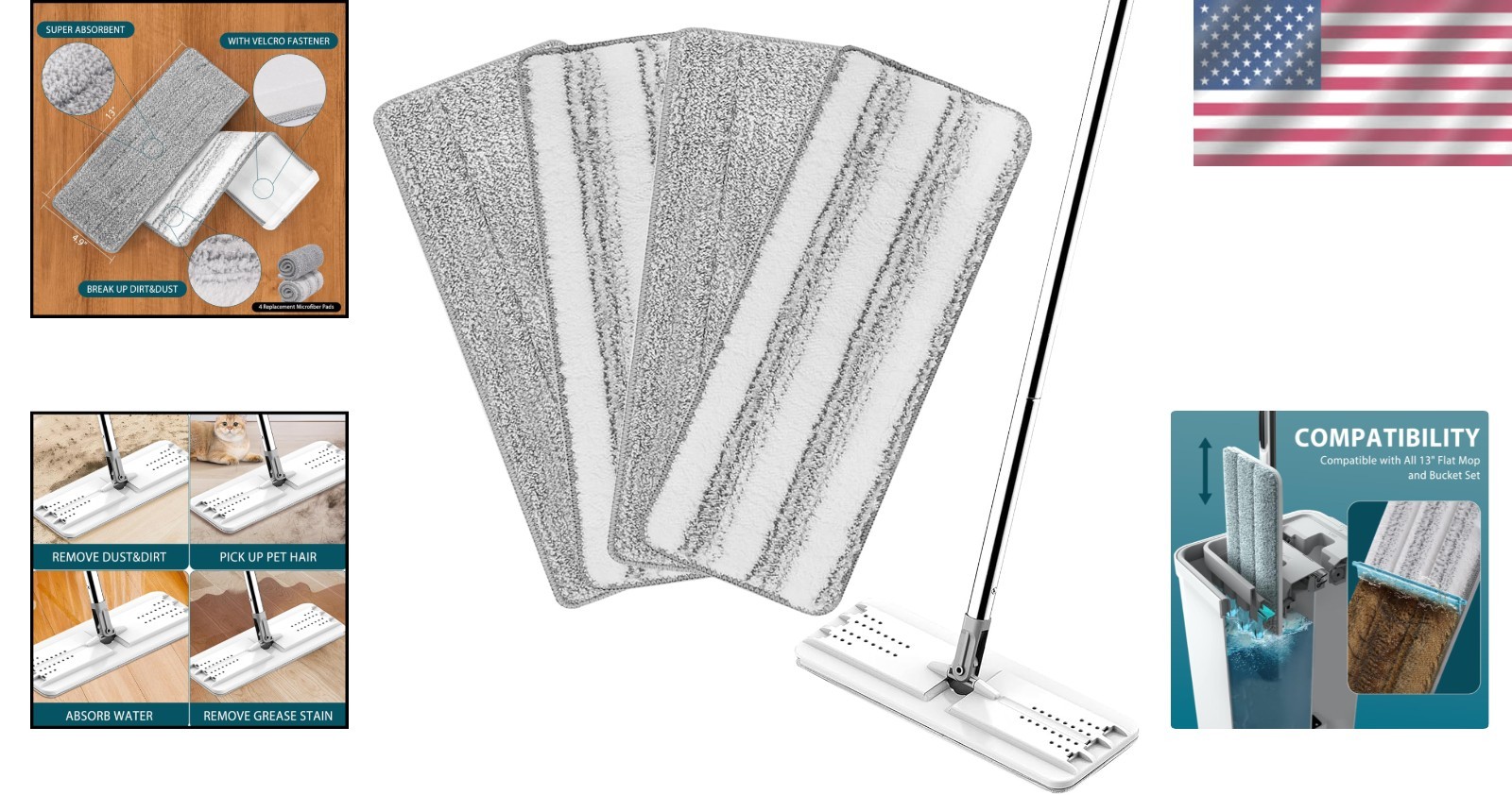 4 Pack Washable Microfiber Mop Replacement Pads for 13'' X 4.9'' Flat Mops gallery