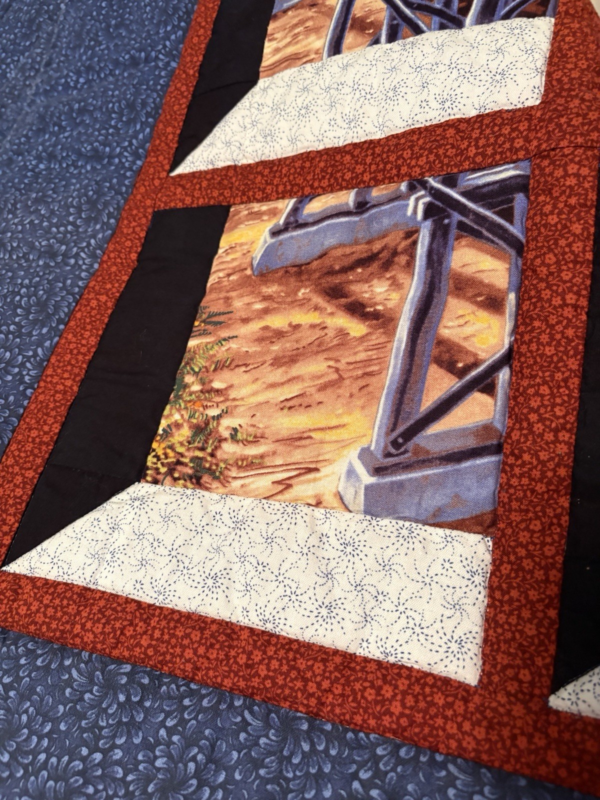 Twin Patchwork Quilt Train Theme Blue Red Black White Multicolor gallery