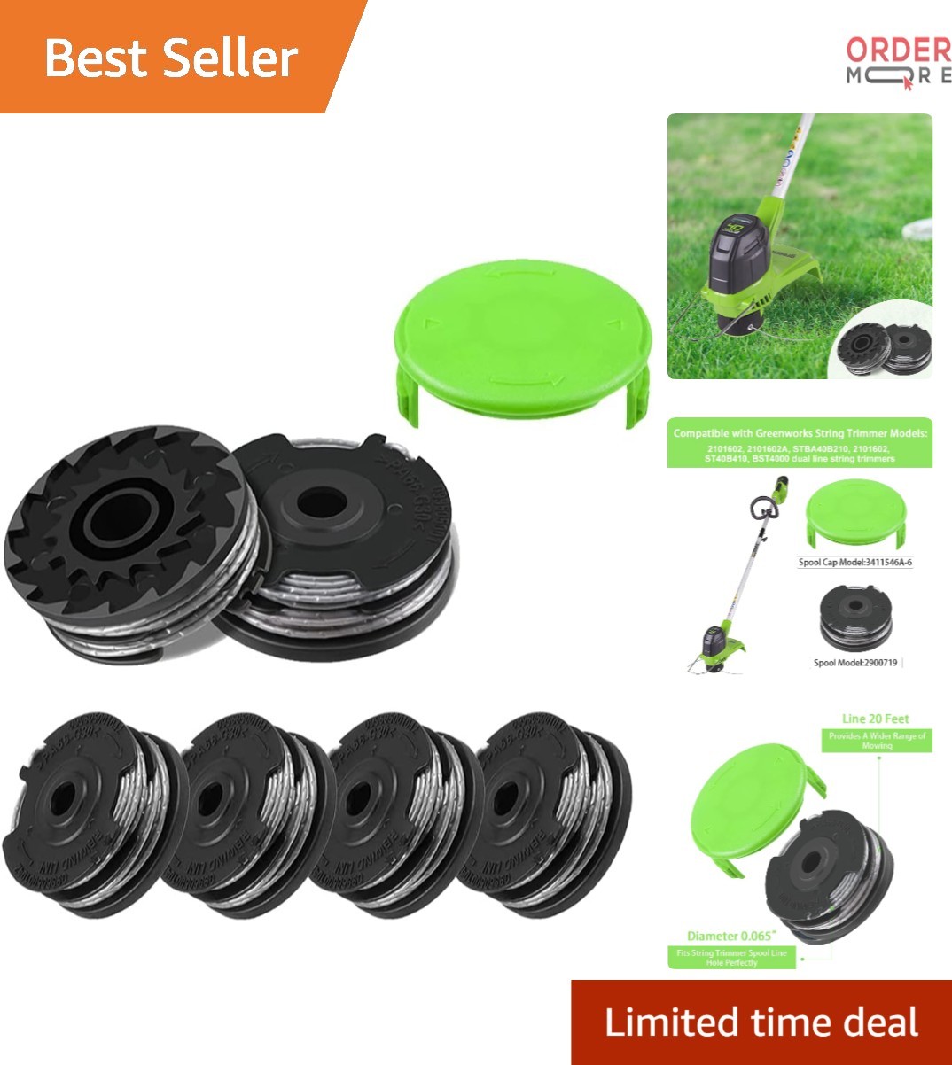 Dual Line Trimmer Replacement Spool 20ft 6-Pack for Greenworks String Trimmers gallery