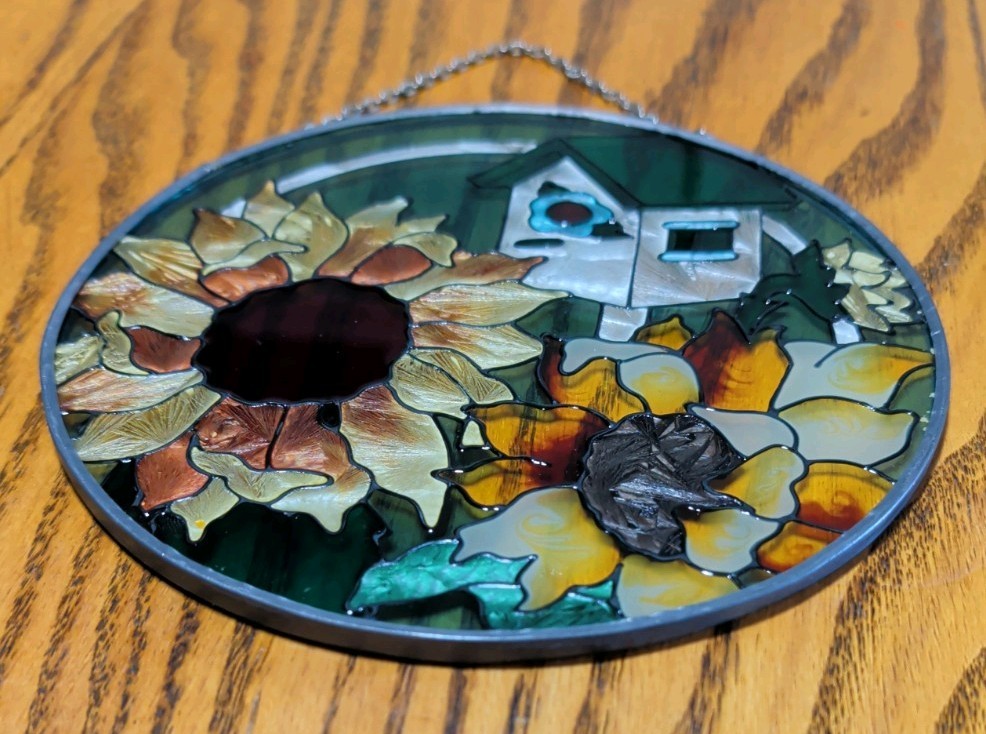 Hand Painted Suncatcher Stained Glass Window Art Sunflowers Bird House AMIA gallery