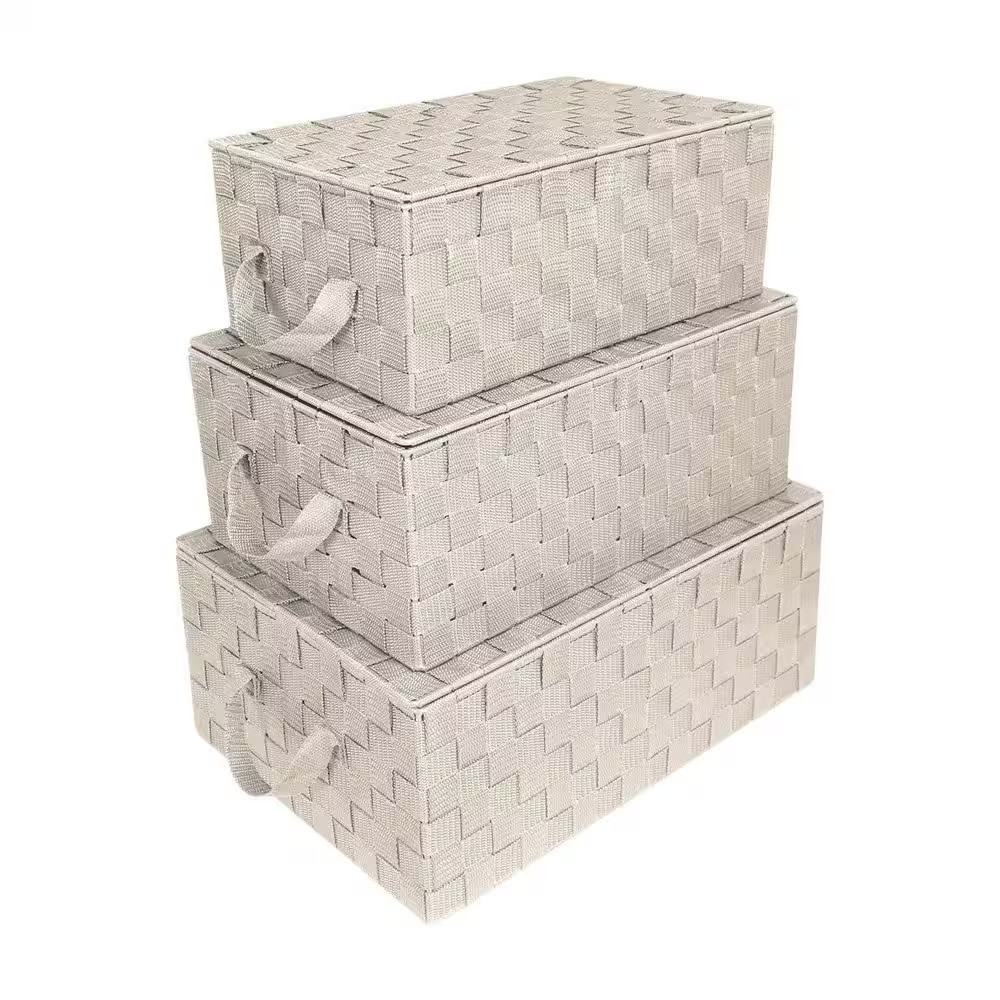 Beige 17 In. X 7 In. Polypropylene Decorative Basket Set of 3 with Lid gallery