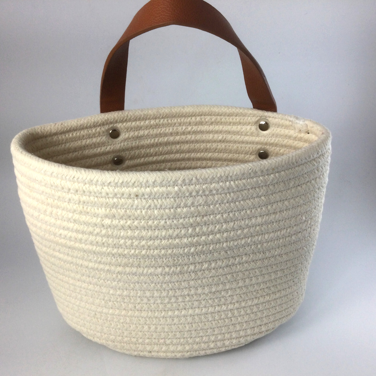 Wall Hanging Storage Basket 8" x 9" White Cotton Rope with Leather Handle gallery