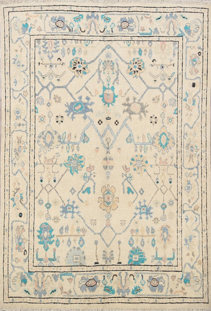 Vegetable Dye Geometric Floral Oushak Turkish Oriental Area Rug Hand-Knotted 5x6