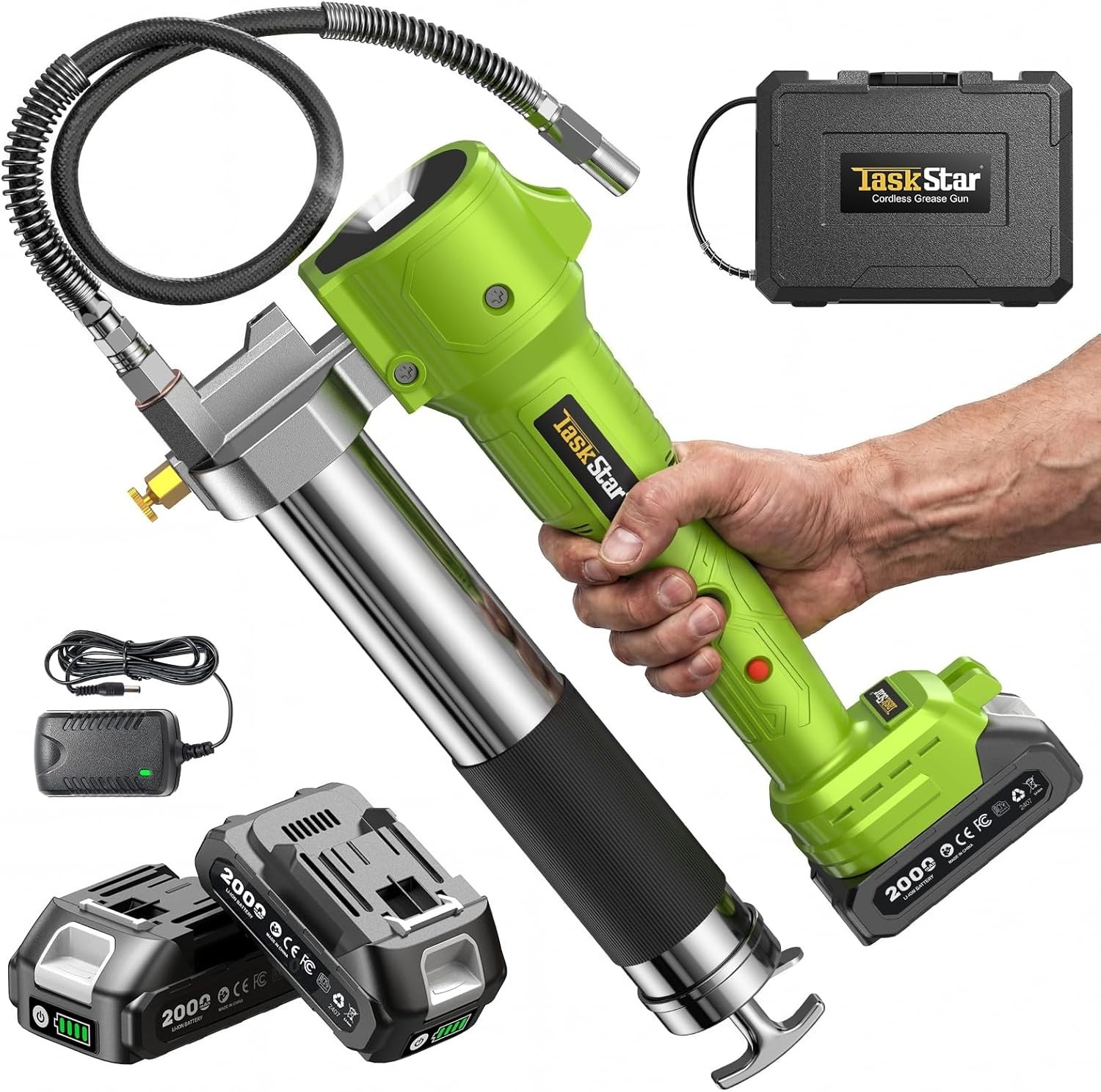 TaskStar Grease Gun Kit (Cordless, Electric, 2 Batteries, 40" Hose & LED Light) gallery