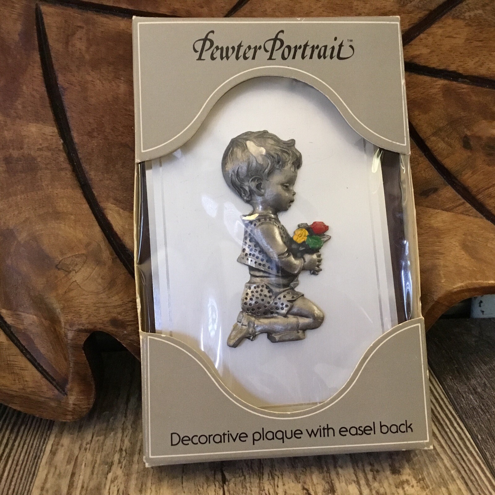 pewter portrait decorative plaque easel back 1980 Comer Industries Boy Flowers gallery