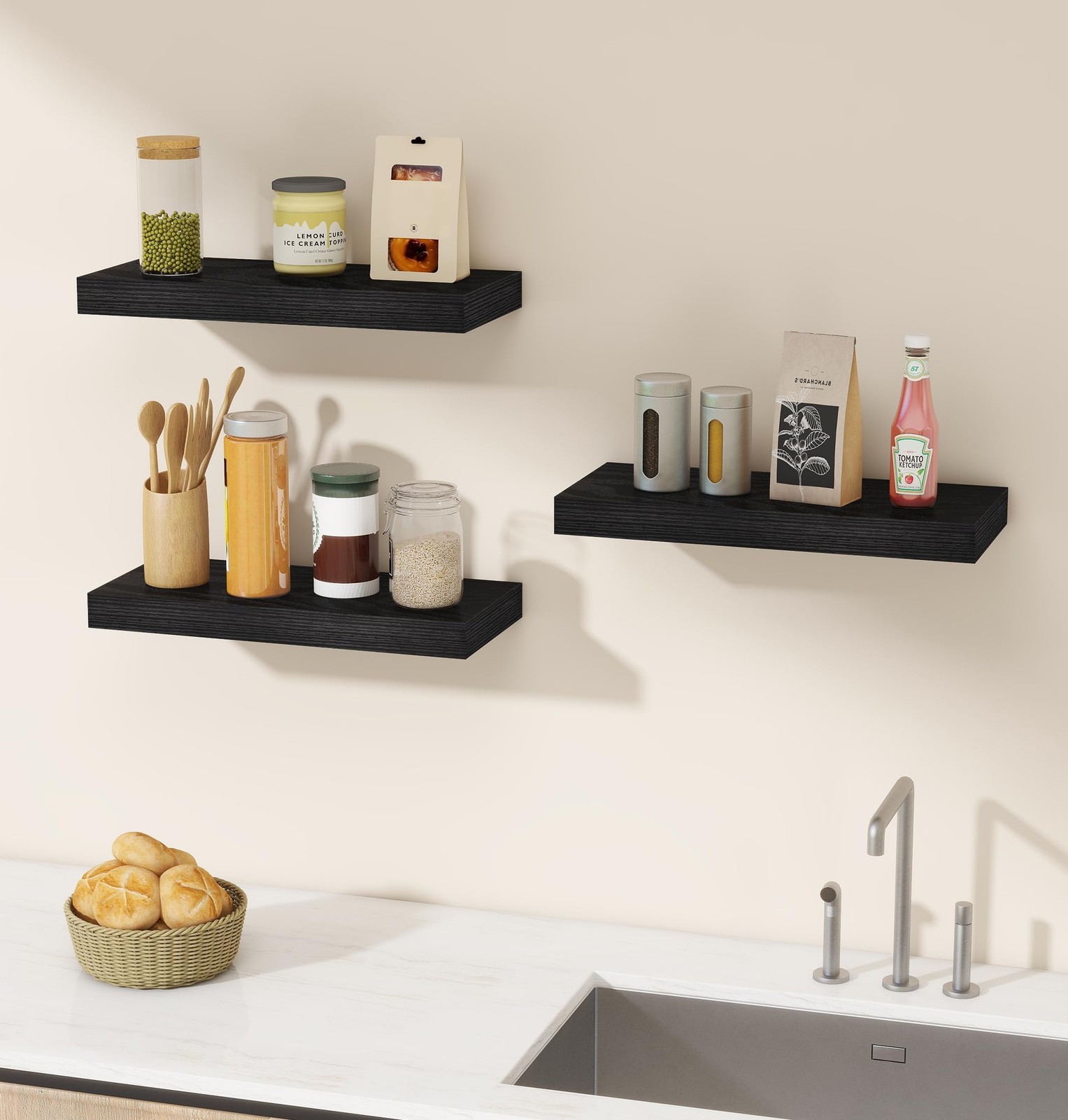 3 PCS 15 Inch Black Rustic Wood Floating Shelves with Invisible Wall Brackets gallery