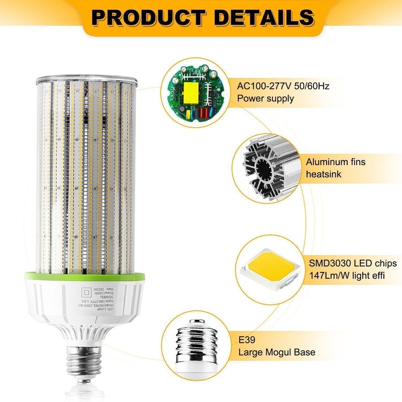 12Pack 250W LED Corn Light Bulb 5000K E39 Base, Warehouse Workshop High Bay Lamp gallery