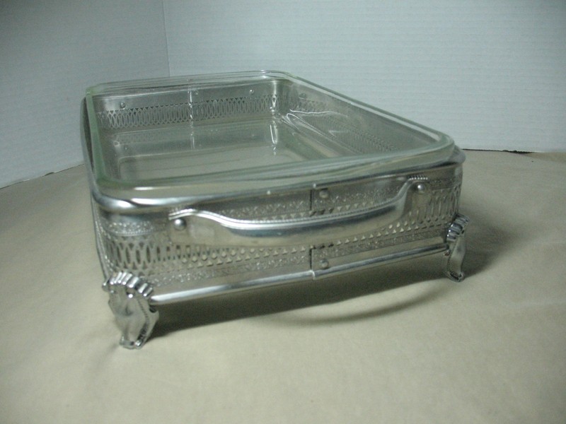 VTG Silver Plated Retangle Chafing Serving Footed Dis W/Pyrex Clear Glass Dish gallery