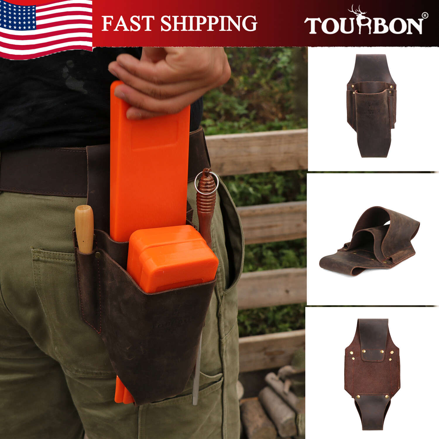 TOURBON Leather Loggers Woodsmen Tools Storage Belt Pouch Felling Wedge Holster gallery
