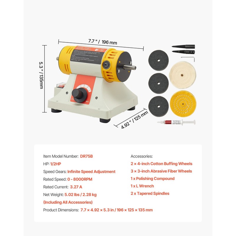 Bench Buffer Polisher, 1/ 2HP Polishing and Buffing Machine, 0 to 8000RPM gallery