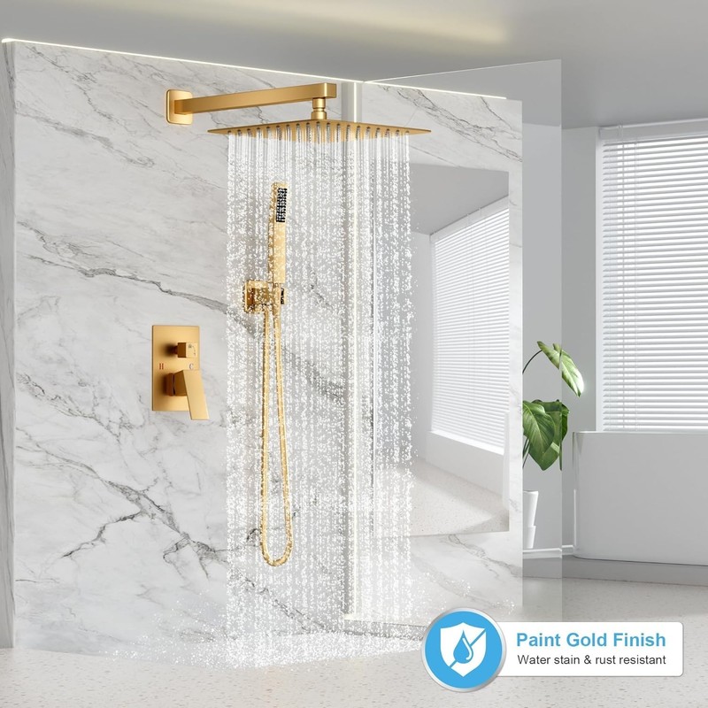 Rainfall Shower System Gold 10" Shower Head Wall Mounted Valve Included gallery