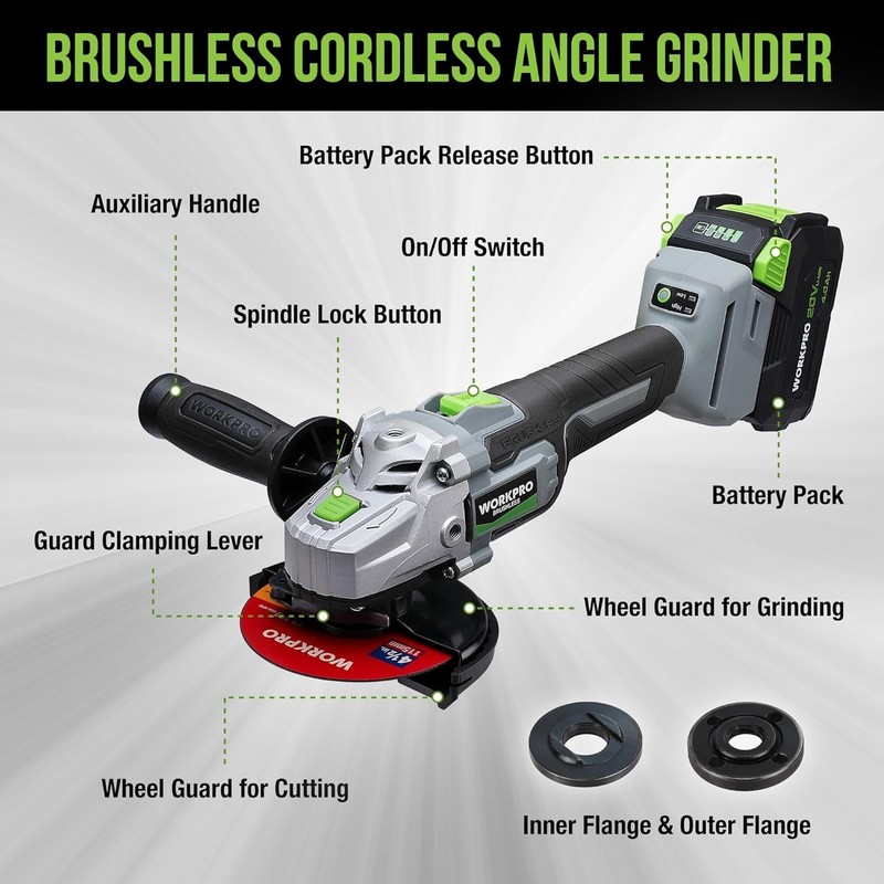 WORKPRO Cordless Angle Grinder, 20V Brushless Grinder with 4.0Ah Battery and Fas gallery