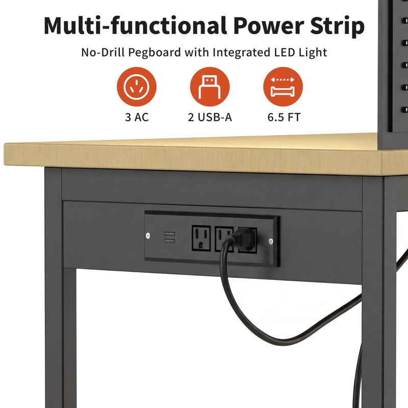 60" Garage Workbench 2000LBS w/ Pegboard LED Light Adjustable Rolling Table gallery