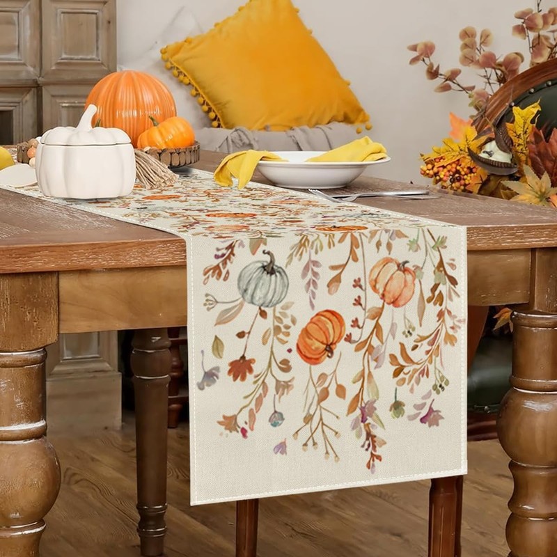 Orange Pumpkins Floral Fall Table Runner Autumn Thanksgiving Decor 13x48 Inch gallery