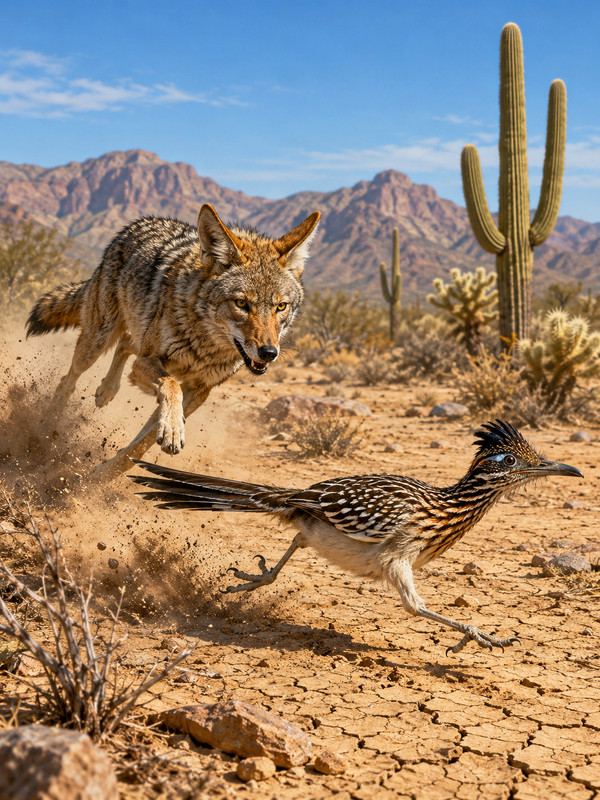 Coyote Chasing Roadrunner Poster Realistic Desert Saguaro Cactus Wall Art Print gallery