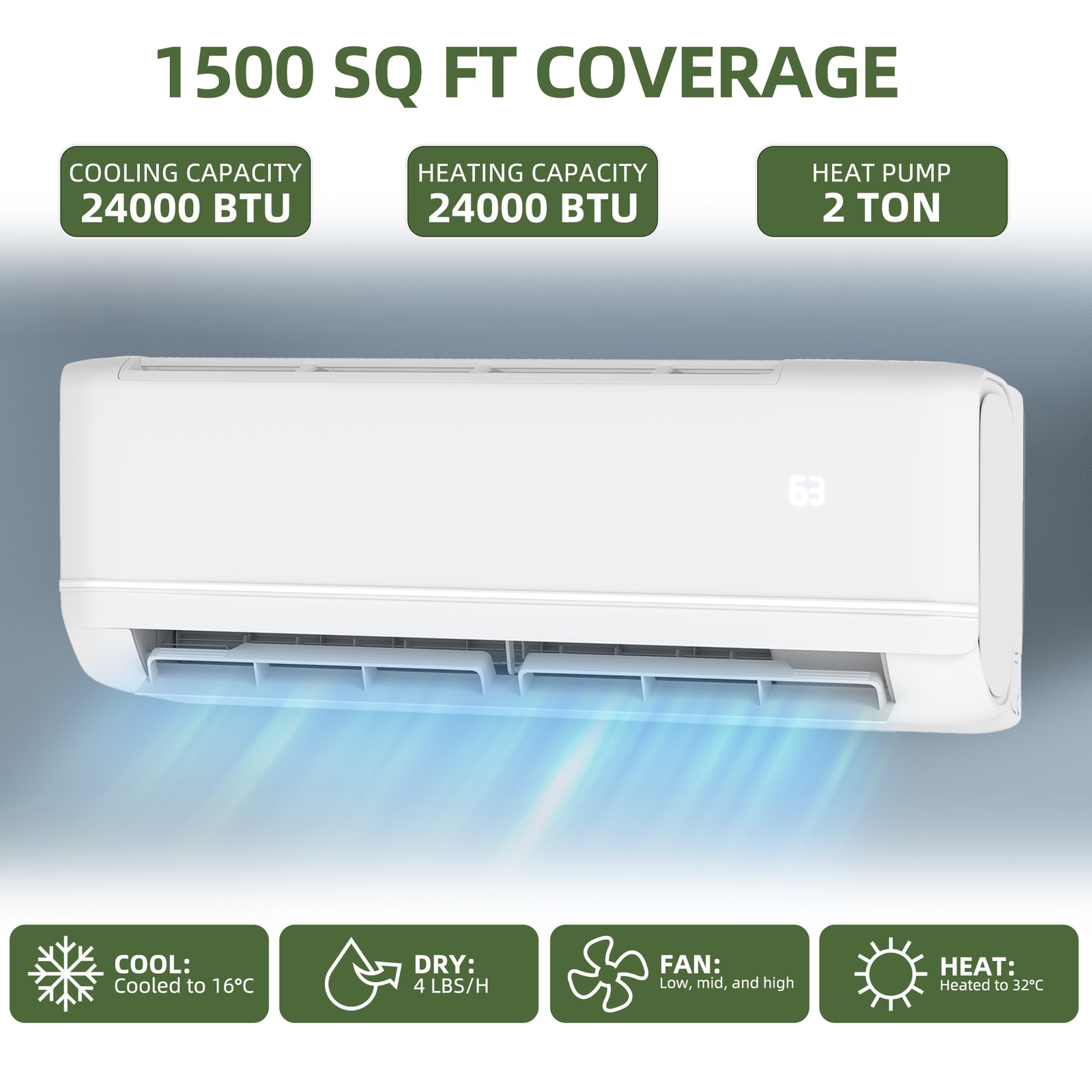 24000 BTU Mini Split Air Conditioner Heat Pump System 220V Up to 1500 Sq. Ft gallery