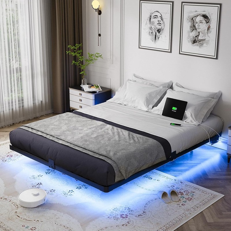 Floating Bed Frame Queen Size with Smart LED Lights and Charging Station - Mo... gallery