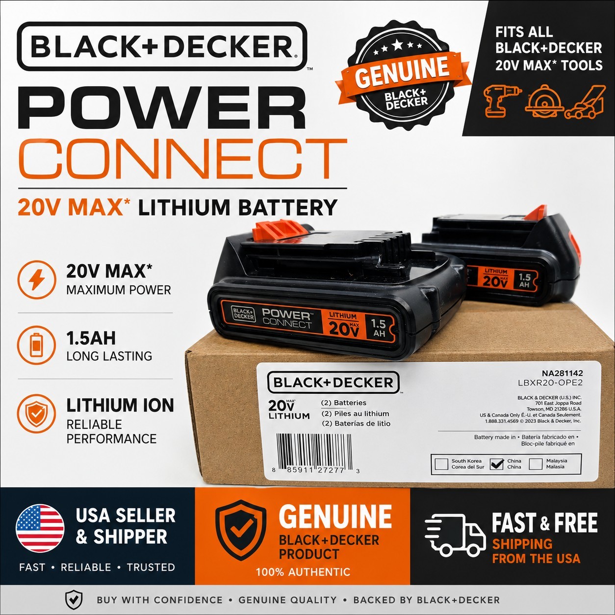 BLACK+DECKER 20V MAX Lithium Battery 2-Pack LBXR20-OPE2 Genuine OEM 1.5Ah Batter gallery