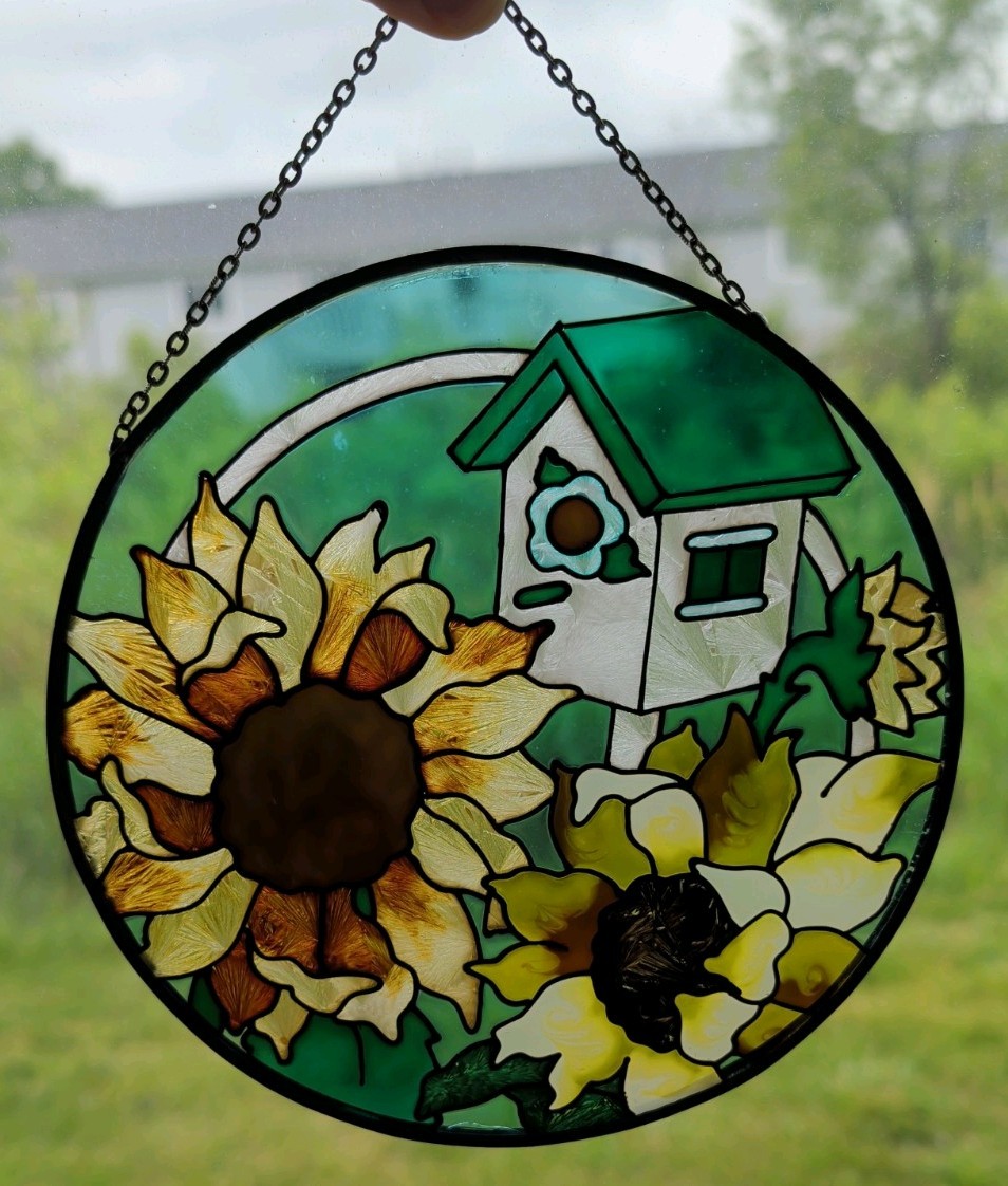 Hand Painted Suncatcher Stained Glass Window Art Sunflowers Bird House AMIA gallery