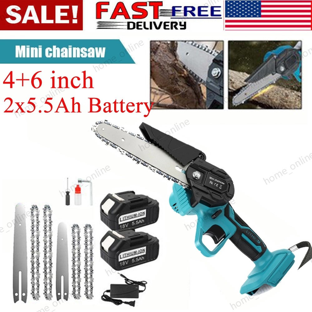 4+6" Electric Mini Chainsaw Cordless Handheld Saw 2 Battery + 4 Chain for Makita gallery