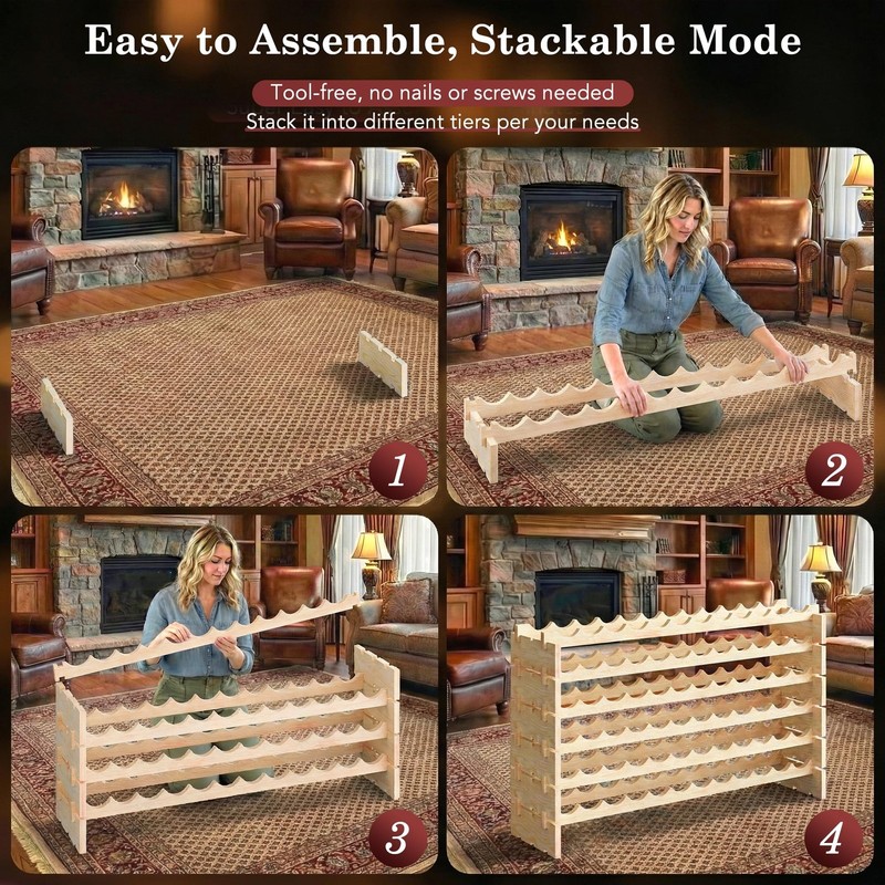 ZENY 72 Bottles Stackable Modular Wine Rack, Freestanding 72 Bottles, Wooden gallery