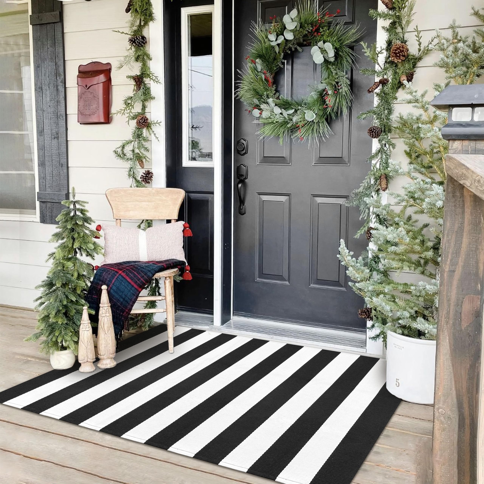 Black and White Striped Area Rug 3x5 Ft Front Door Rug Hand Woven Cotton Wash... gallery