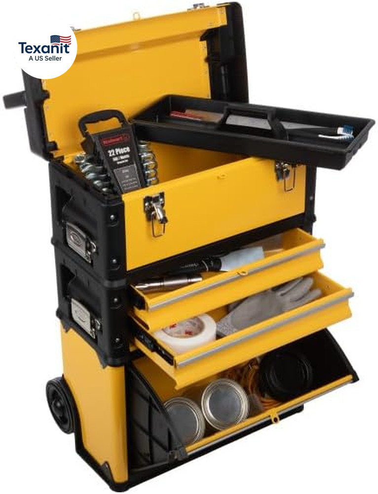 Rolling Tool Box with Wheels - Stackable Tool Box Organizer - Portable Metal Too
