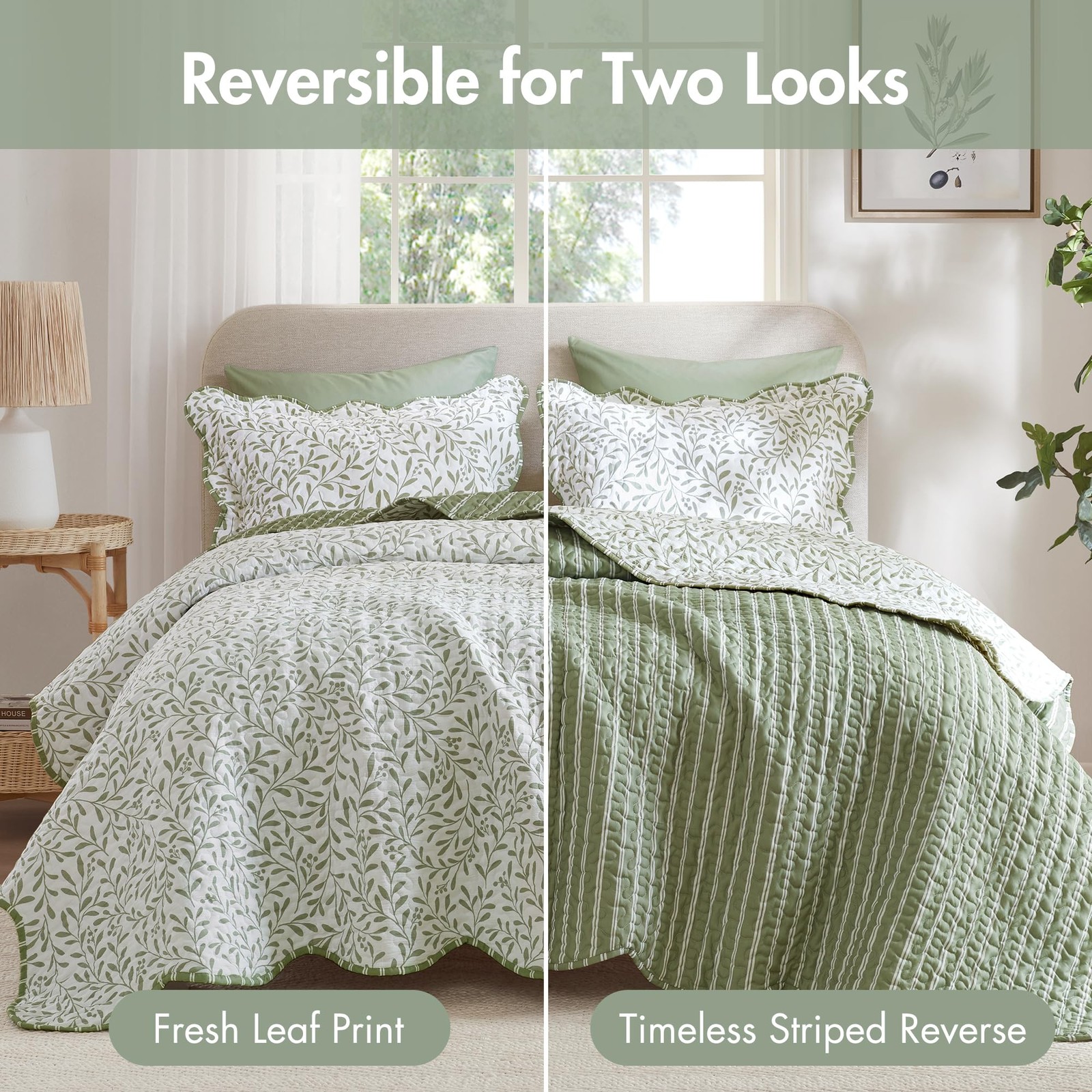 Quilt Set 3 Piece Reversible Botanical Print Scalloped Queen Market Green Park gallery