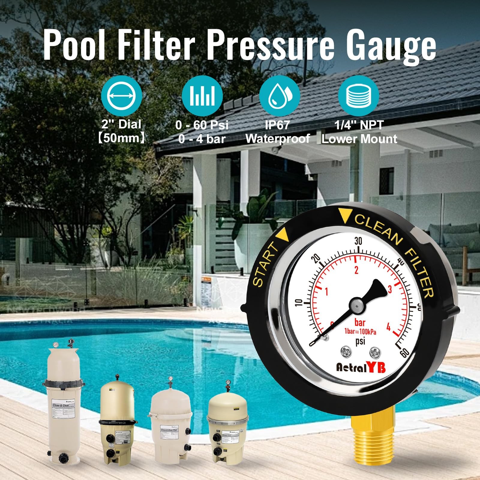 Pool Filter Pressure Gauge, 304 Stainless Steel, IP67 Waterproof, 0-60 Psi/Ba... gallery