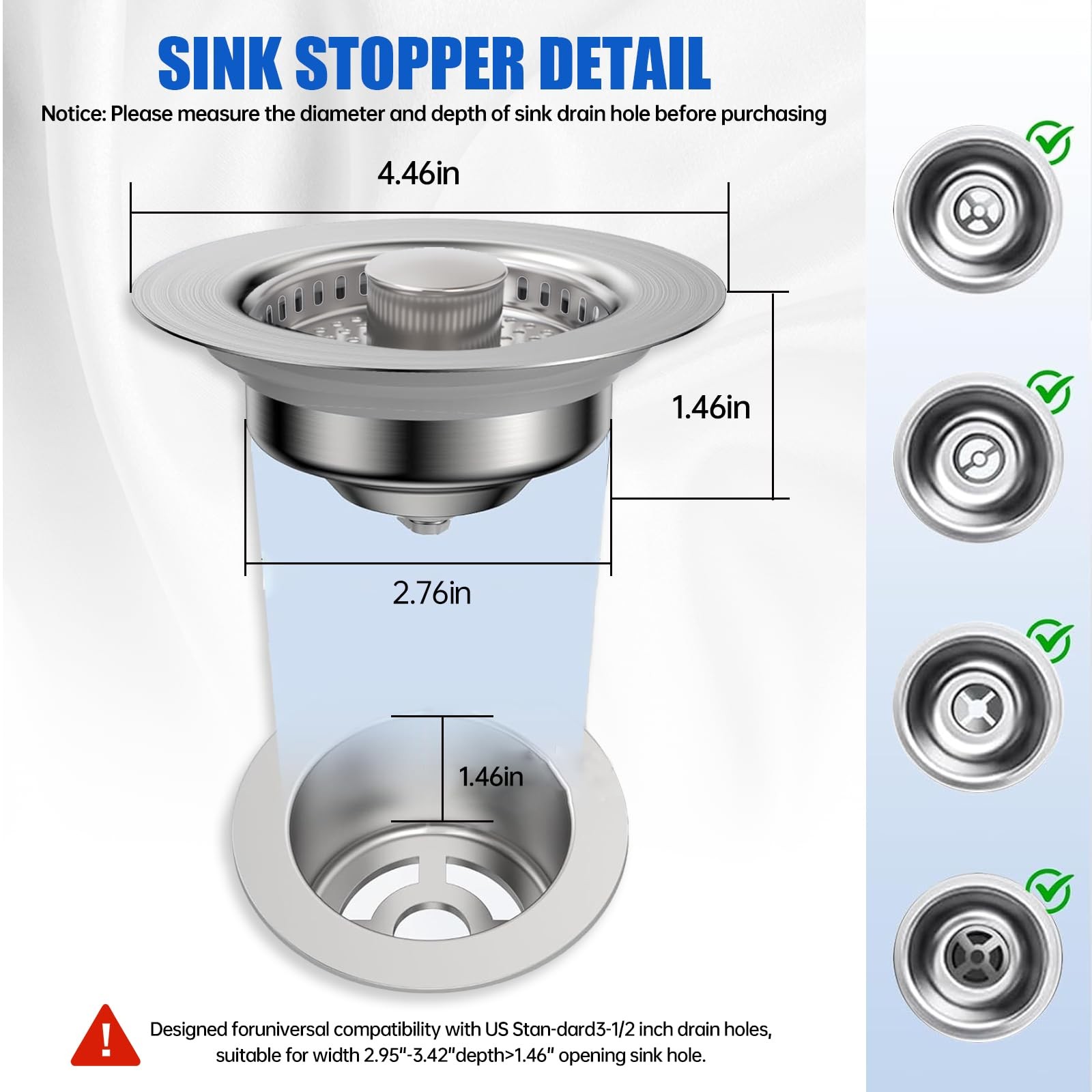 Kitchen Sink Drain Strainer, 304 Stainless Steel Sink Drain Plug, Quick Drain Ki gallery