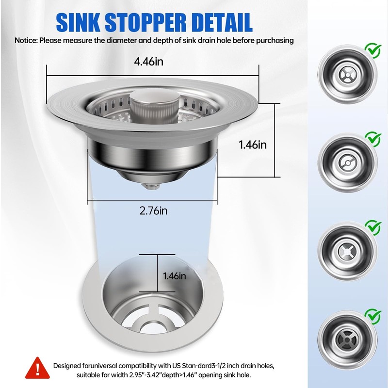 Kitchen Sink Drain Strainer, 304 Stainless Steel Sink Drain Plug, Quick Drain Ki gallery