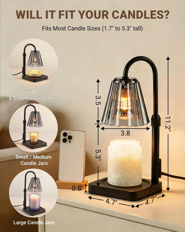 Candle Warmer Lamp with Timer & Dimmer, Shatterproof PC Shade, Adjustable Hei... gallery